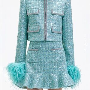 SELF PORTRAIT GREEN BOUCLE FEATHER JACKET AND SKIRT SIZE US08/UK12